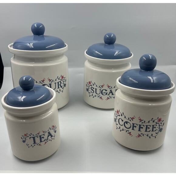 Vintage Jay Imports Corelle Prinston Kitchen Canister White Blue Floral SET 4 - Picture 2 of 14